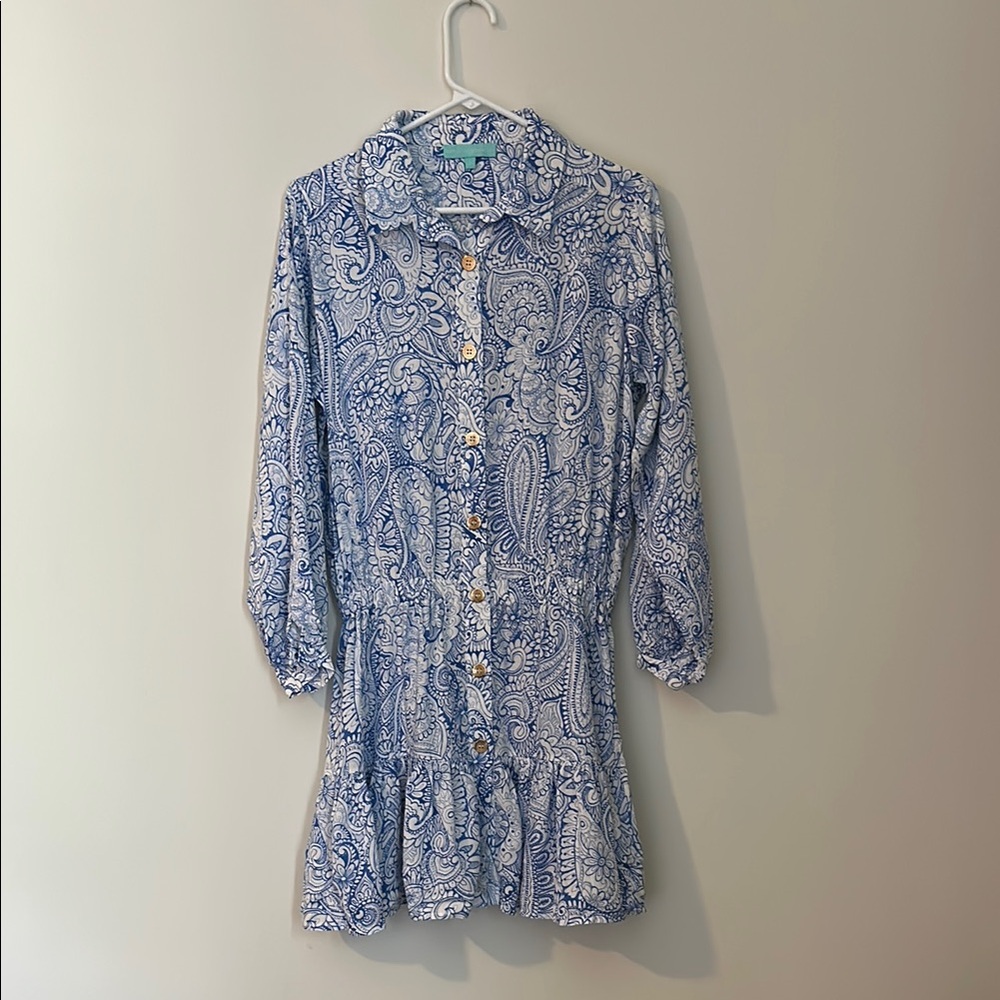 Melissa Odabash Blue and White Ruffled Long Sleeve Dress